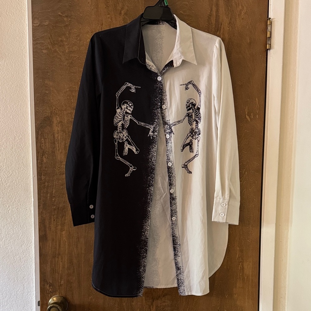 Black and White Skeleton Button-Up Shirt whimsygoth